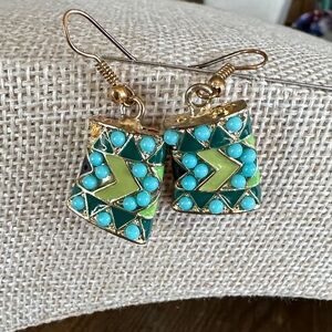 Dangle Gold Tone Green Enamel and Faux TurquoiseEarrings